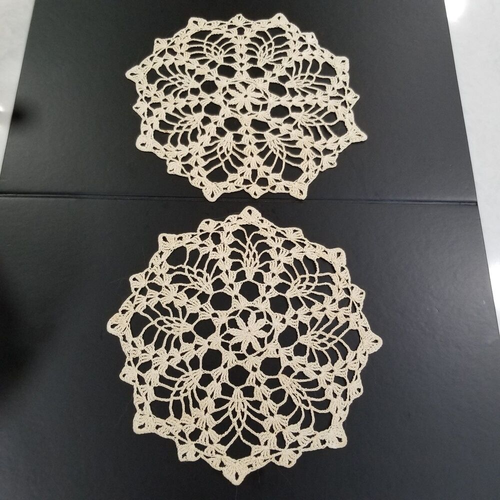 Handmade Crochet Doilies Set of 2 Beige Cream Round Lace Table Linens Cottagecor